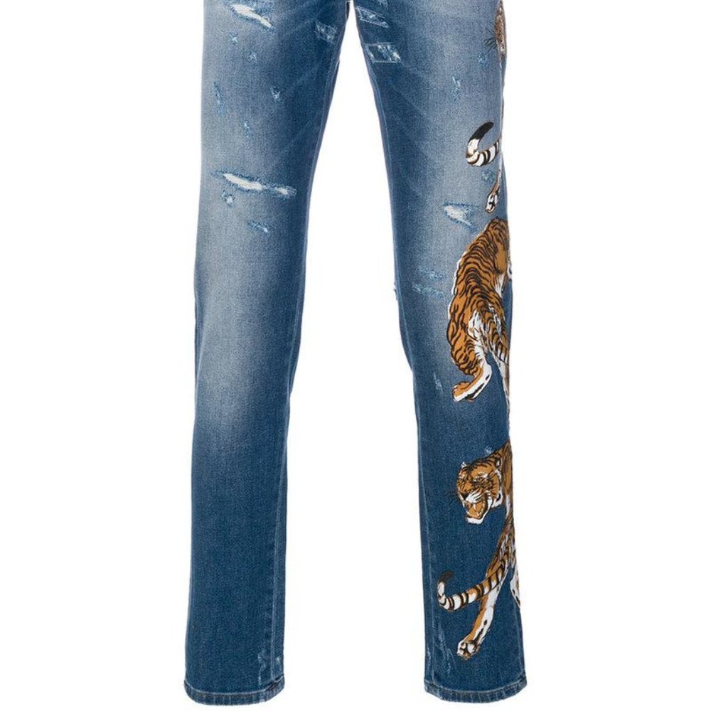 Philipp Plein Men's Blue Straight Leg Tiger Jeans